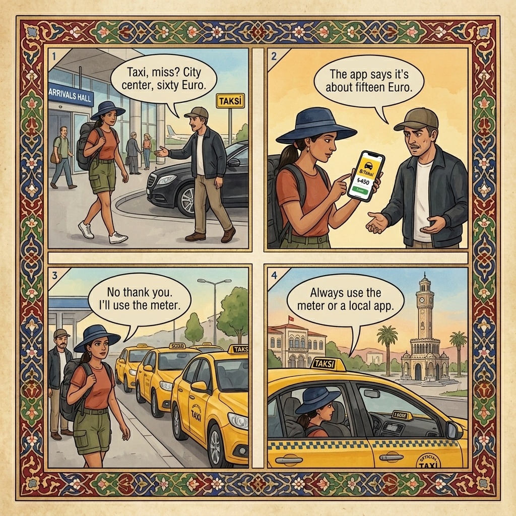 Izmir Adnan Menderes Airport Taxi Overcharge — comic illustration