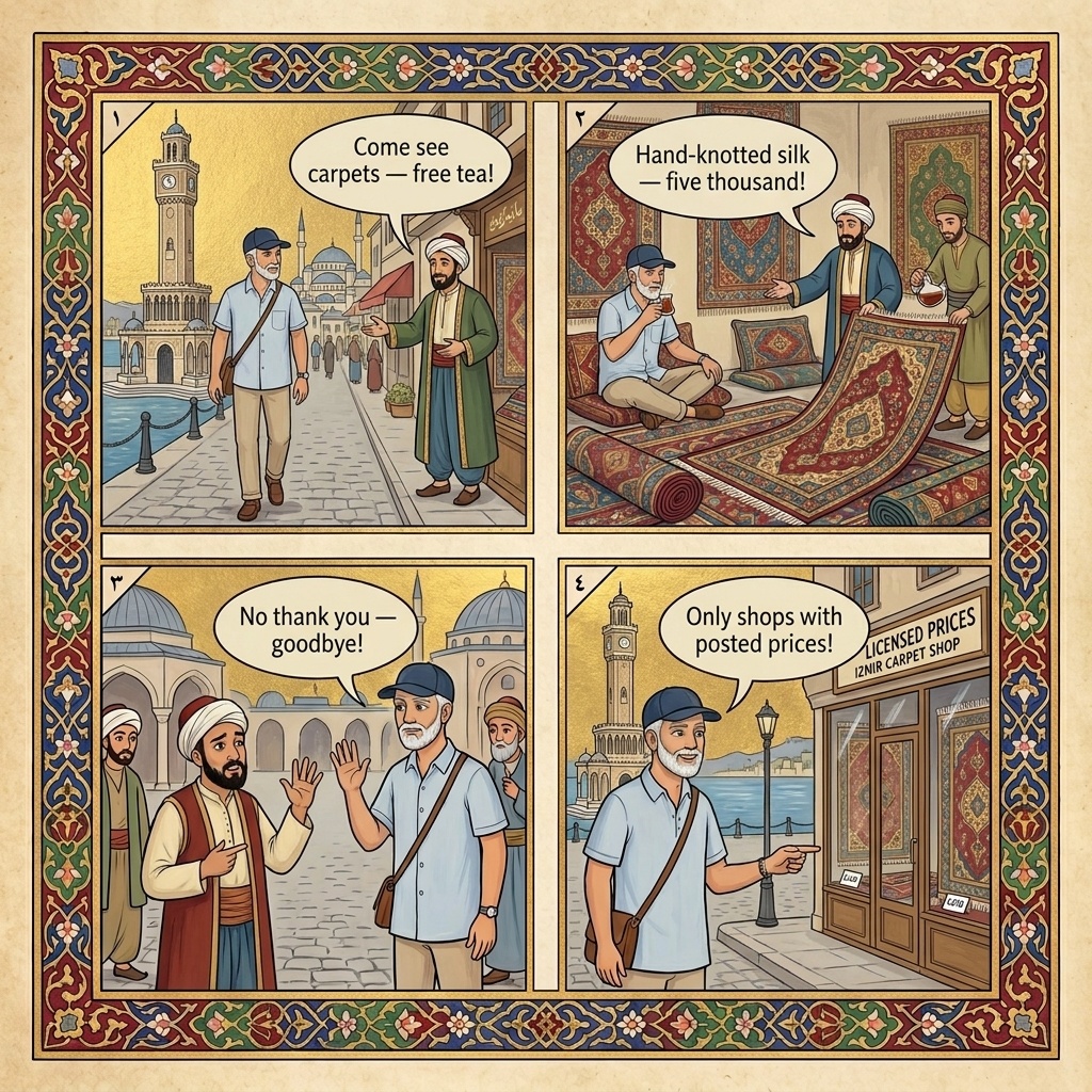 Kemeraltı Bazaar Counterfeit Pressure & Carpet-Shop Tactics — comic illustration