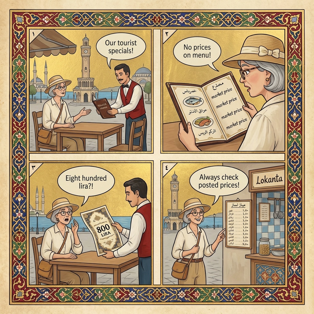 Konak Square & Alsancak Restaurant Tourist-Menu Inflation — comic illustration