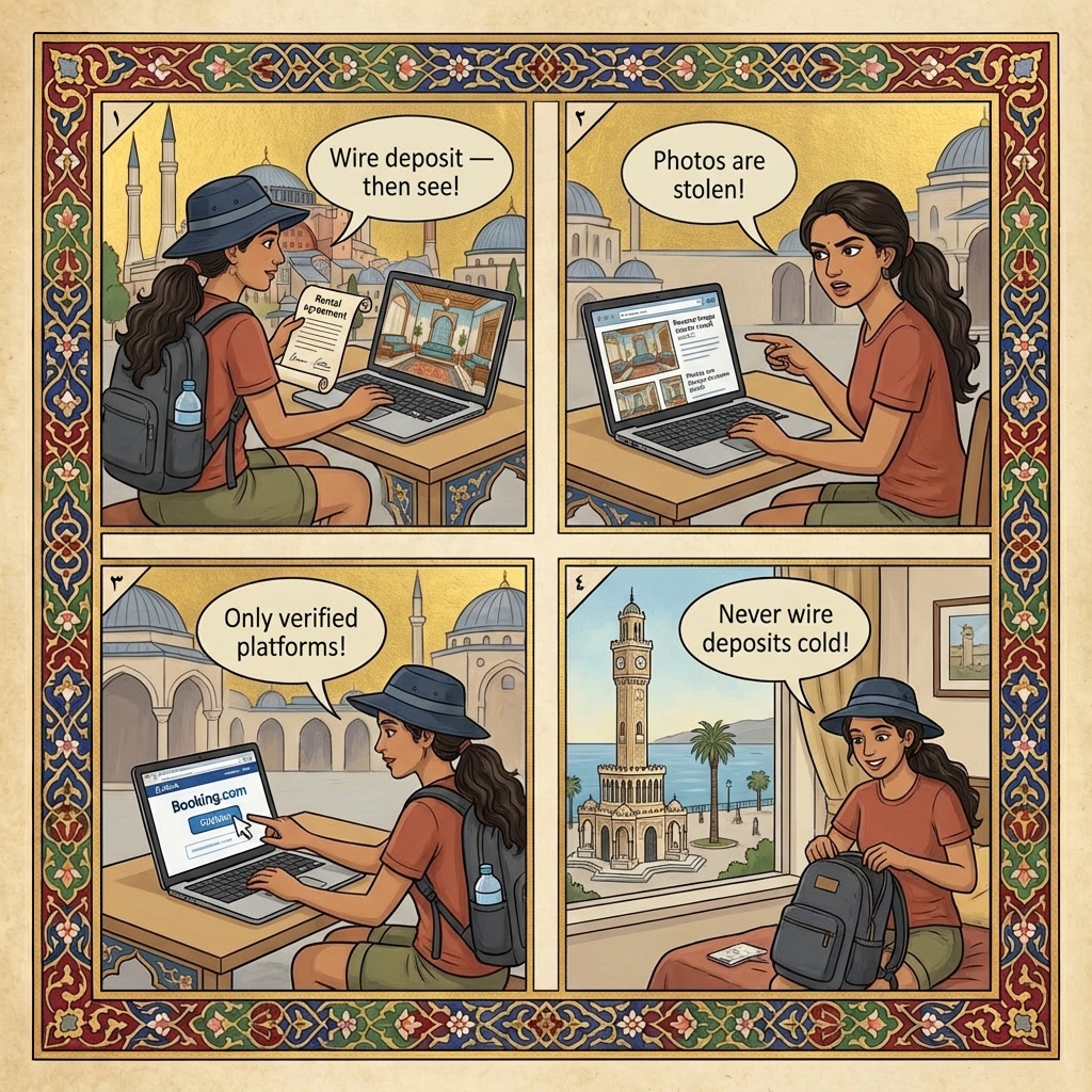 Izmir Real Estate / Apartment Rental Idealista-Style Fraud — comic illustration