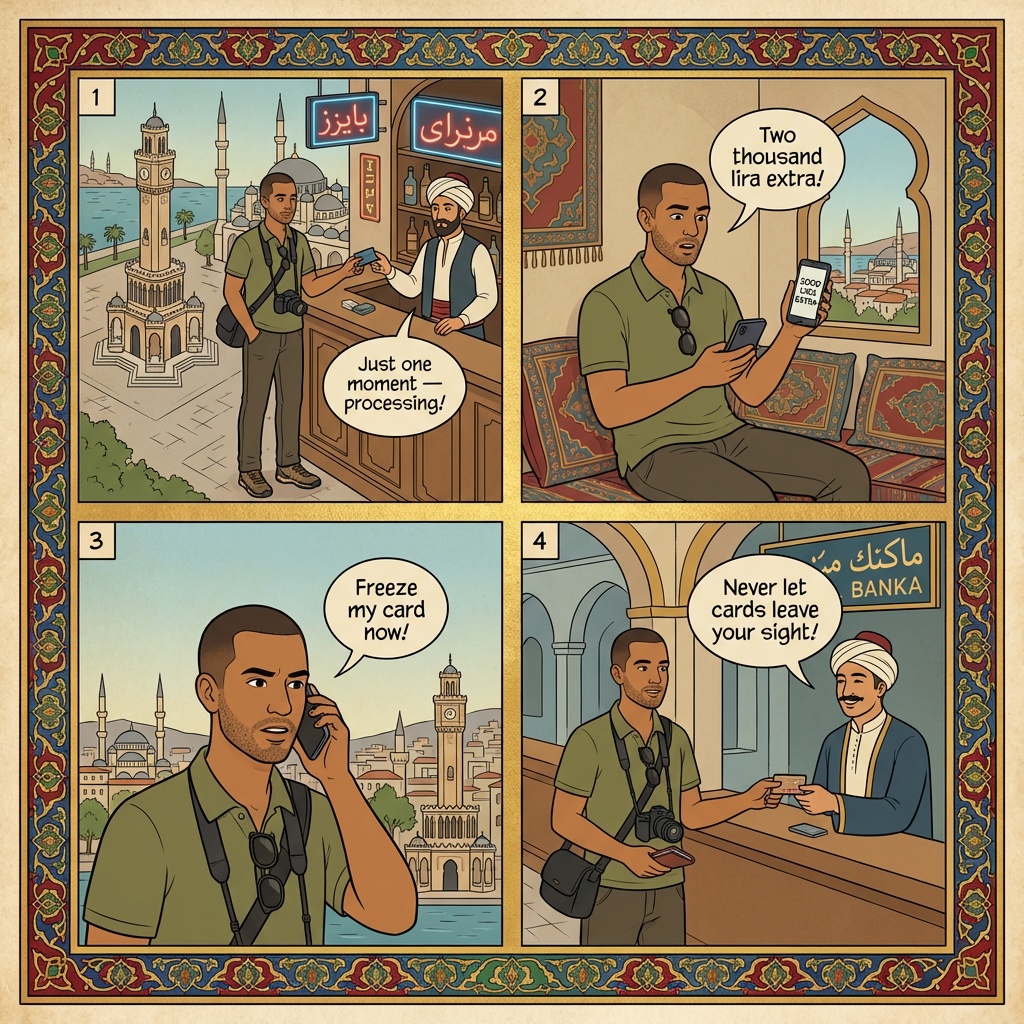 Alsancak Nightlife Bar Card-Skimming & Drink Markup — comic illustration