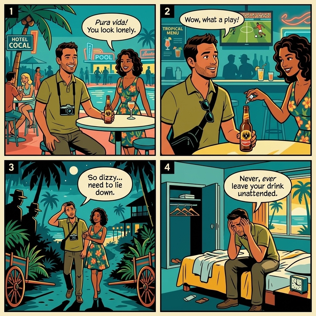Jacó Nightlife Drink-Spiking & 'Costa Rican Friend' Robbery Setup — comic illustration