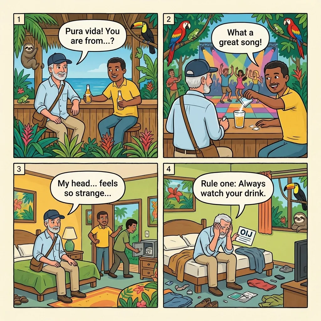 Jacó Nightlife Drink-Spike Robbery — comic illustration