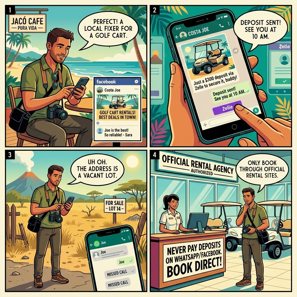 'Costa Joe' — Named WhatsApp/Facebook Fixer Deposit Fraud (Cars, Golf Carts, Airbnbs) — comic illustration