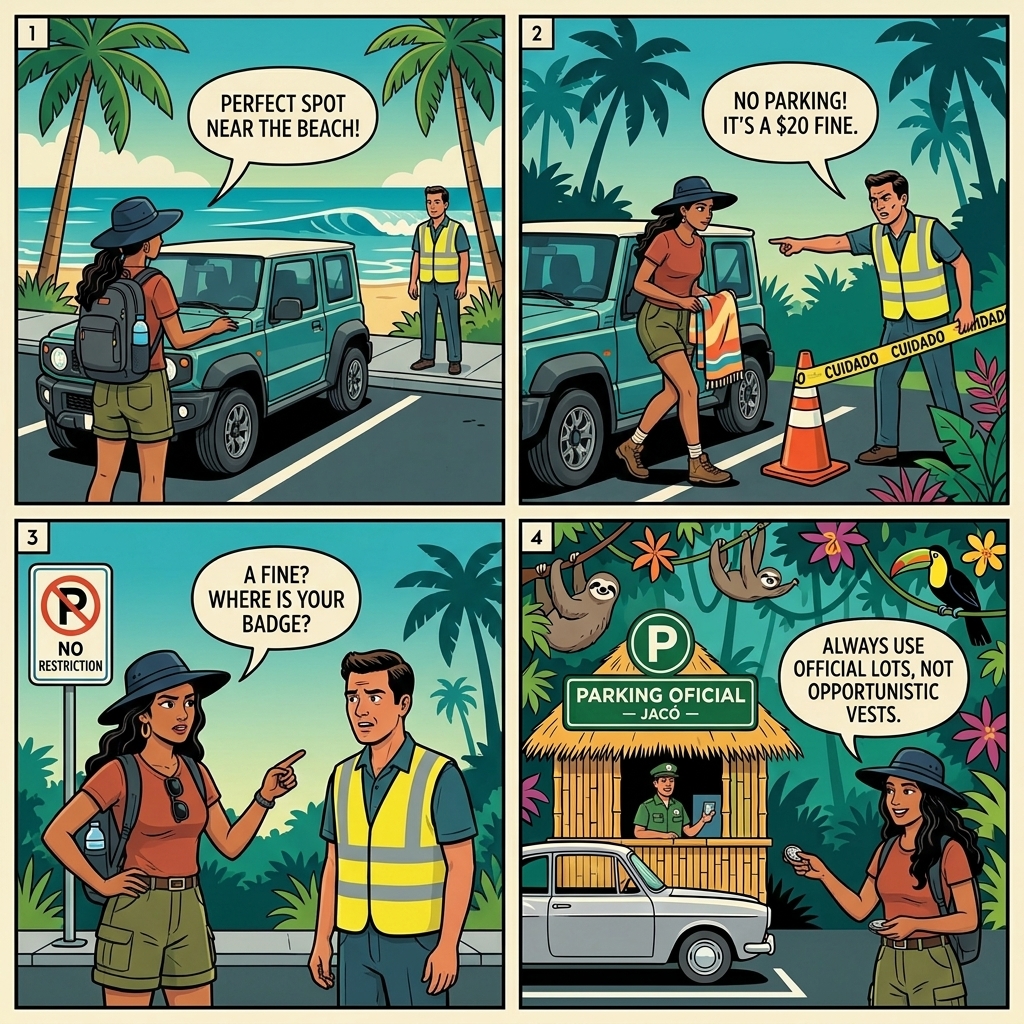 Jacó Beach Parking Fake 'No-Park Zone' Reflective-Vest Extortion — comic illustration