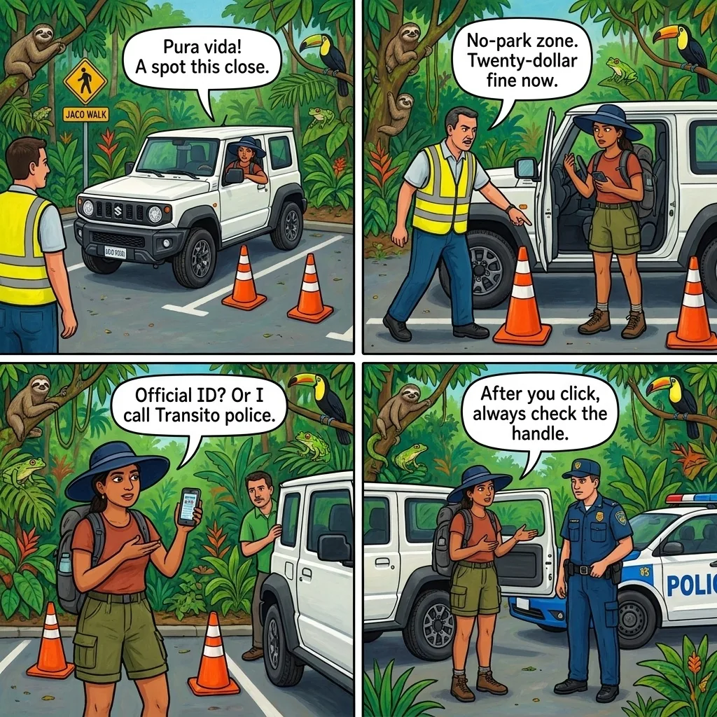 Jacó Beach Reflective-Vest Parking Extortion — comic illustration