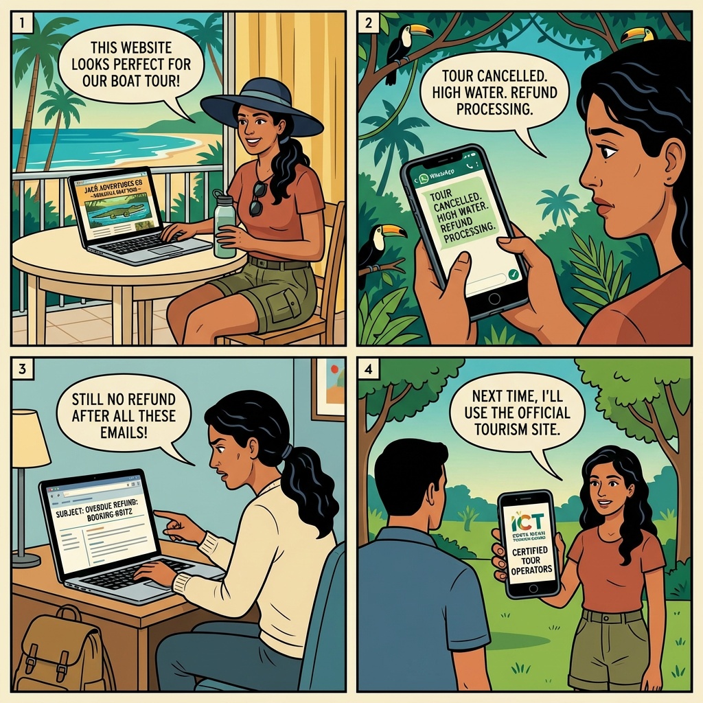 Monteverde/Jacó Tours CR Copycat-Domain Booking Fraud — comic illustration