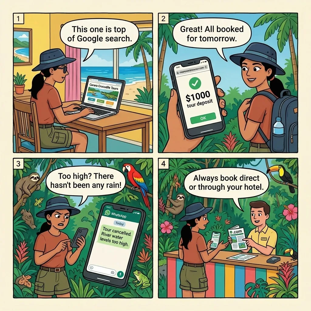Monteverde/Jacó Tours CR Copycat-Domain Booking Fraud — comic illustration