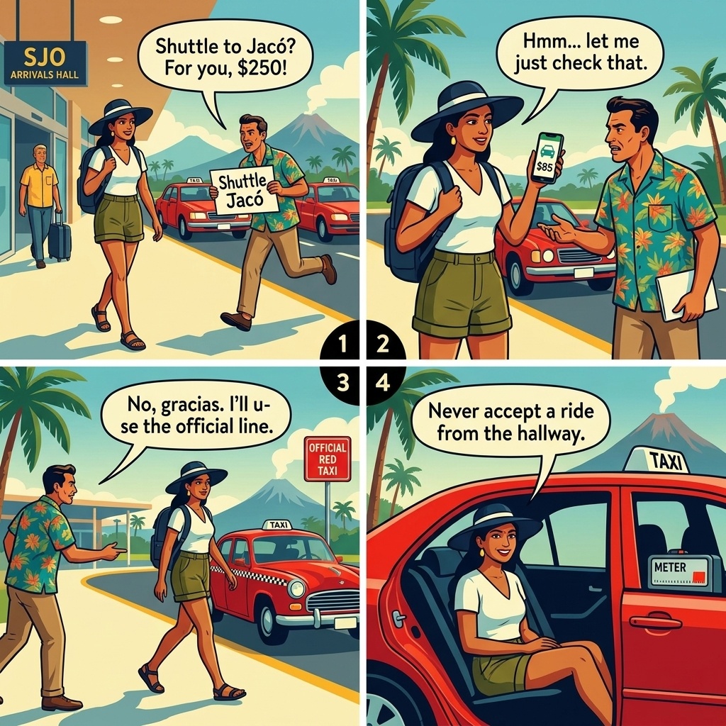 SJO↔Jacó 'Private Shuttle' & Taxi Overcharge at Arrivals — comic illustration
