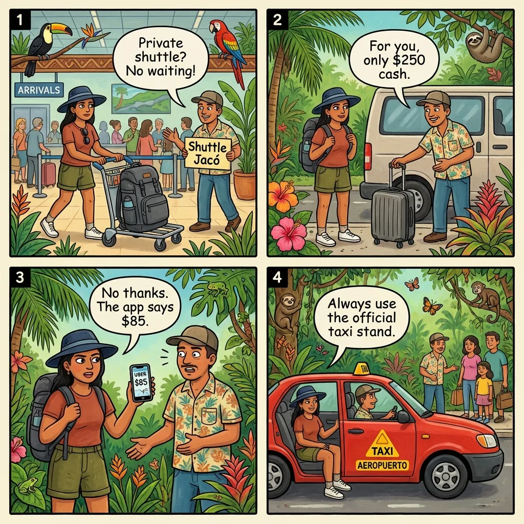 SJO↔Jacó 'Private Shuttle' & Taxi Overcharge at Arrivals — comic illustration