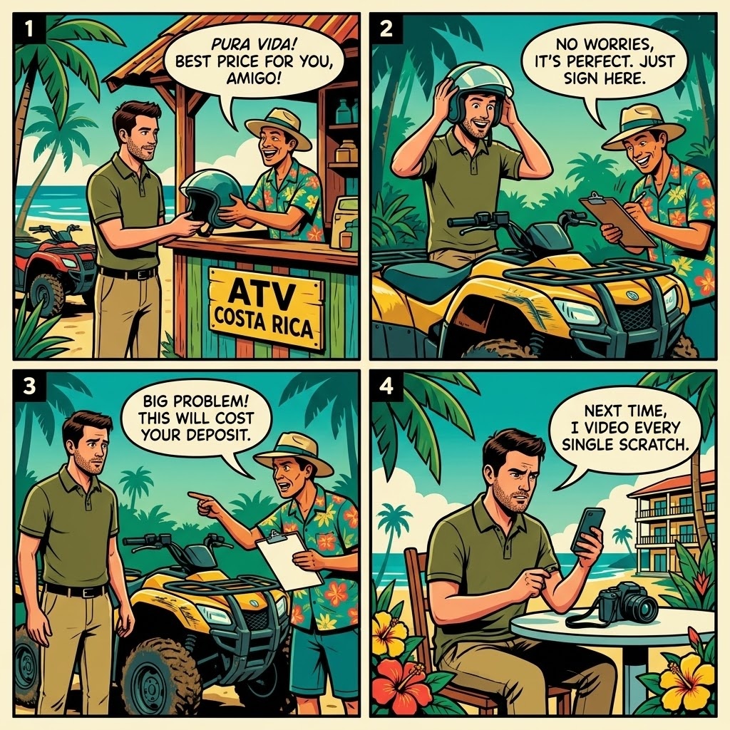 Jacó ATV & Golf Cart Rental Damage-Inflation Deposit Trap — comic illustration