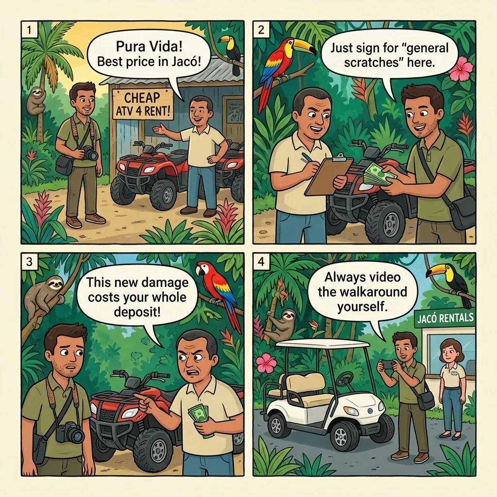 Jacó ATV / Golf Cart Damage-Deposit Trap — comic illustration