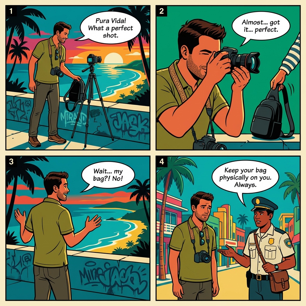 Jacó Mirador & Beach Opportunistic Robbery / Belongings Theft — comic illustration