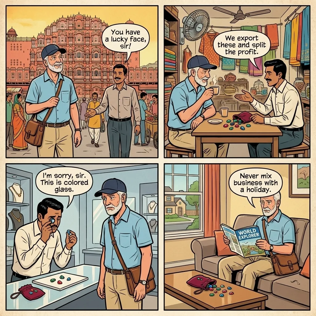 The Johari Bazaar Gem Export Pitch — comic illustration