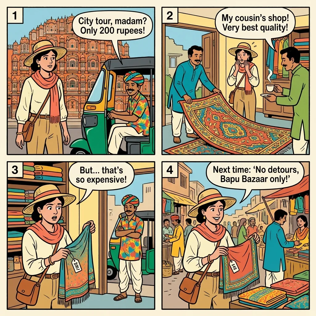 The Hawa Mahal Rickshaw Textile Detour — comic illustration