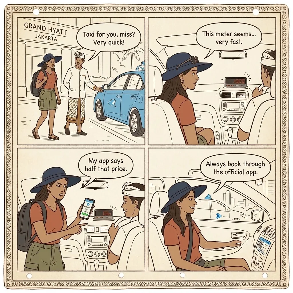 Jakarta Blue Bird Taxi Impersonator & Meter Tampering — comic illustration