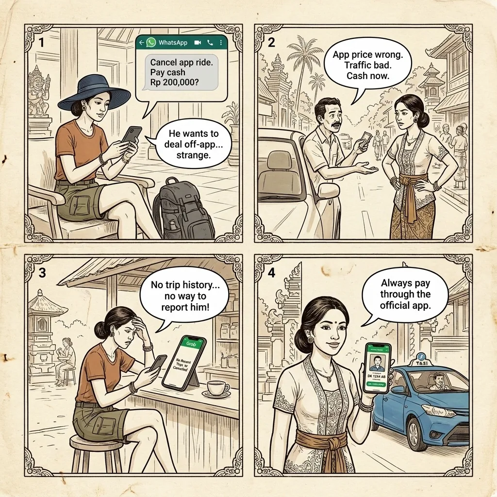 Jakarta Grab/Gojek Off-App Cash-Negotiation Scam — comic illustration