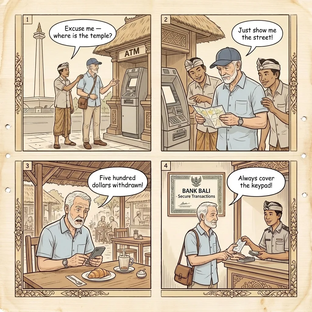 Jakarta ATM Skimming & Card-Cloning Fraud — comic illustration