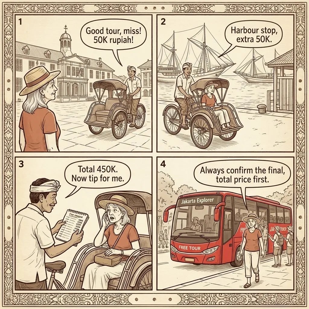 Jakarta Kota Tua Tout-Led Becak & Bajaj Tourist Tour Scam — comic illustration