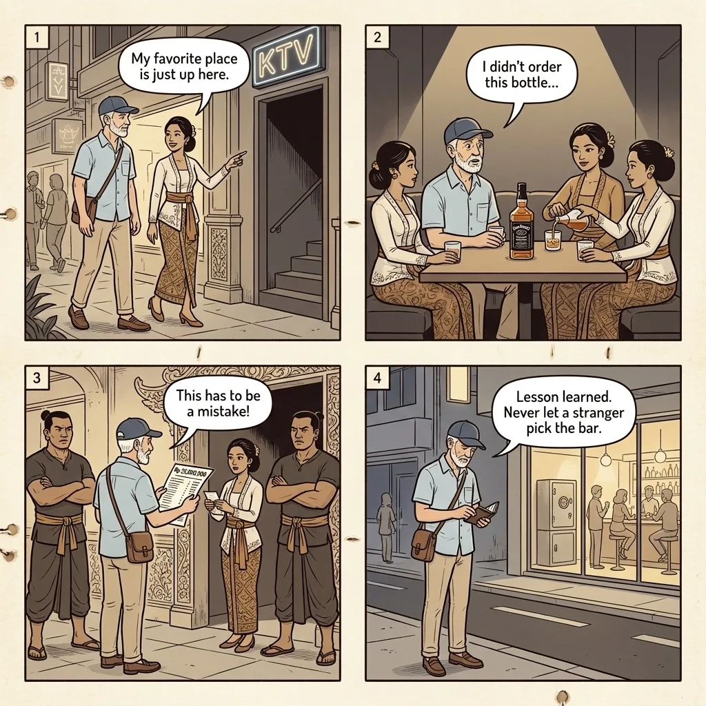 Jakarta Honeypot Bar / KTV Overcharge & Tinder Extortion — comic illustration