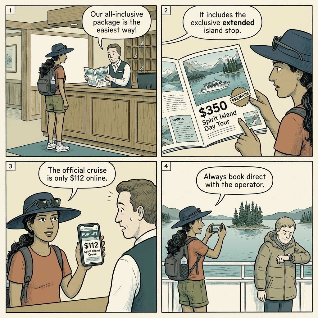 Maligne Lake Cruise Booking & 'Spirit Island Premium' Upsell — comic illustration