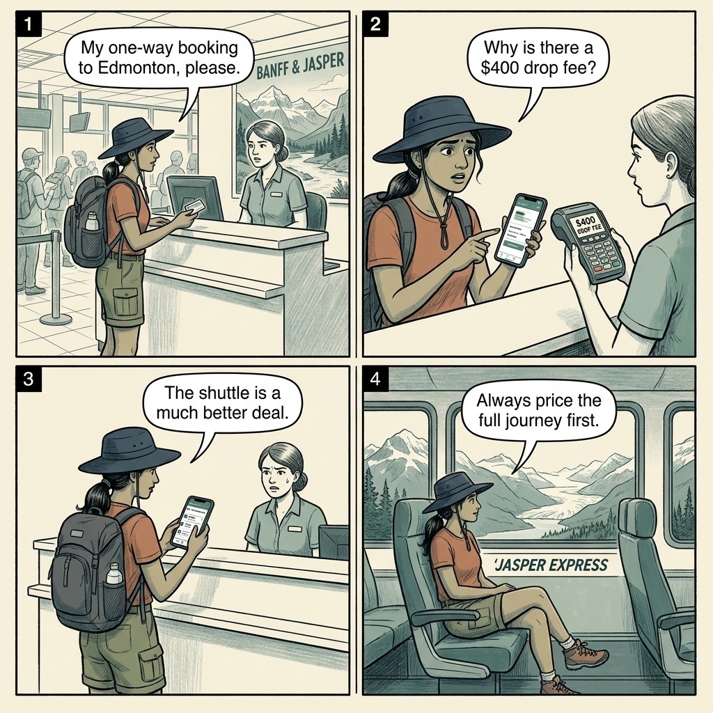 YEG Edmonton Airport-to-Jasper Rental Car & One-Way Drop Fees — comic illustration