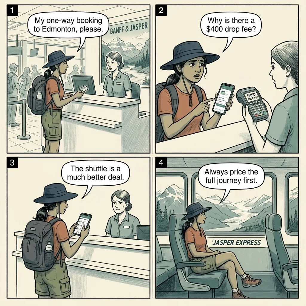 YEG Edmonton Airport-to-Jasper Rental Car & One-Way Drop Fees — comic illustration