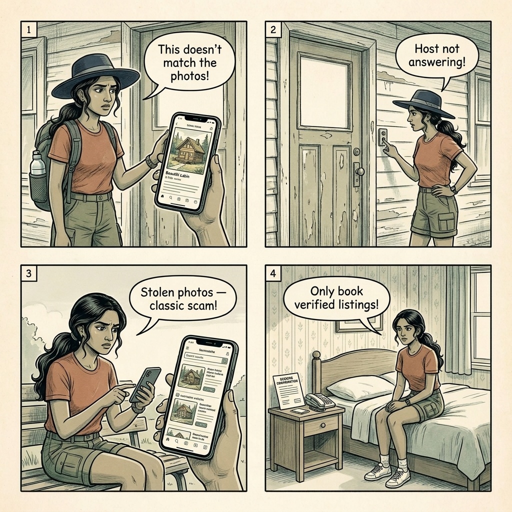 Jasper Town Vacation Rental Fraud & Wildfire Recovery Scams — comic illustration