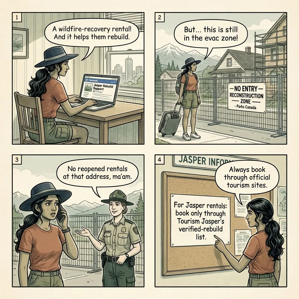 Jasper Town Vacation Rental Fraud & Wildfire Recovery Scams — comic illustration