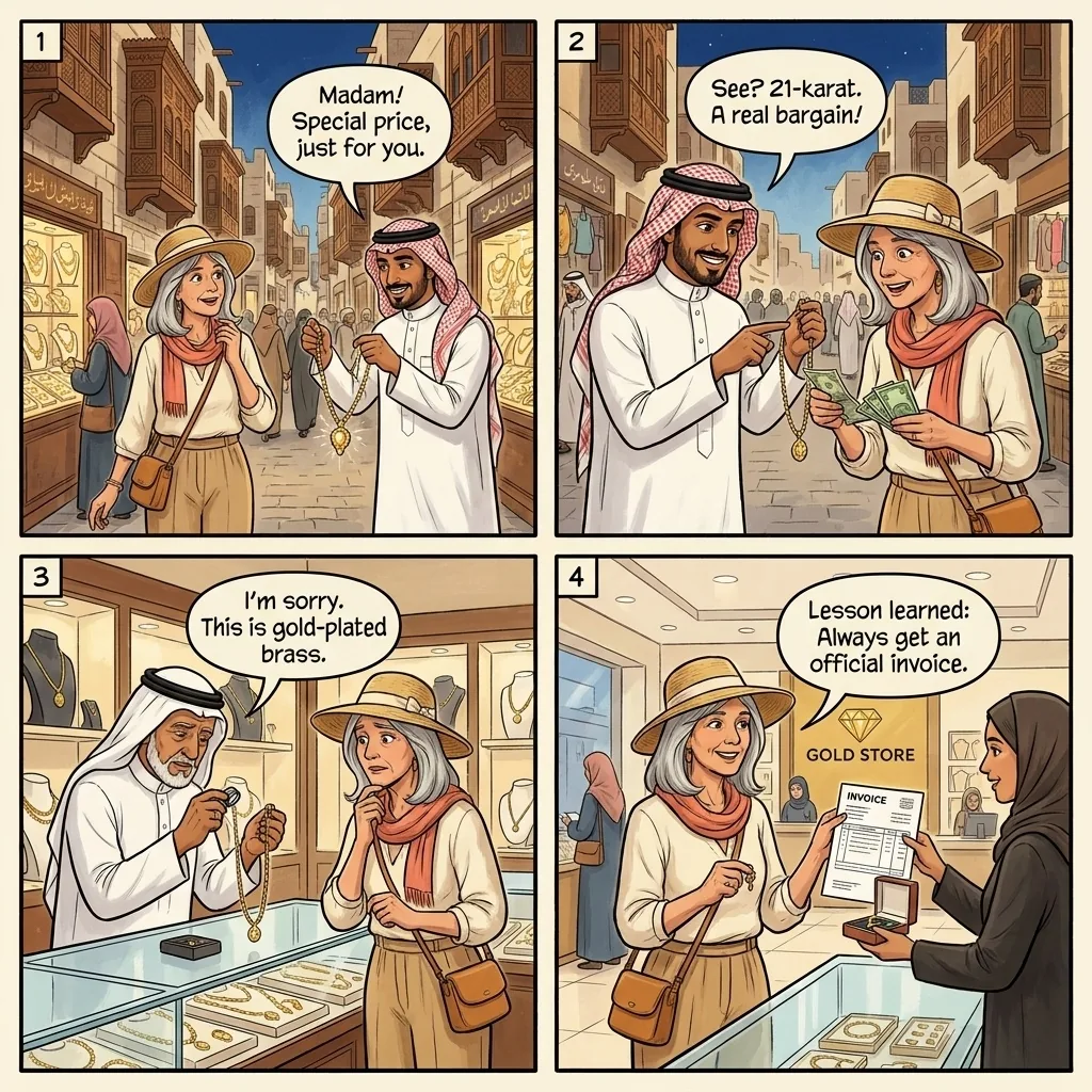 Fake Gold and Jewelry at the Gold Souq — comic illustration