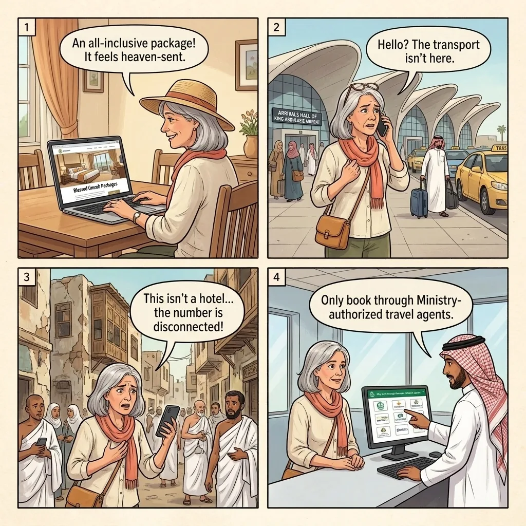 Hajj and Umrah Package Fraud — comic illustration