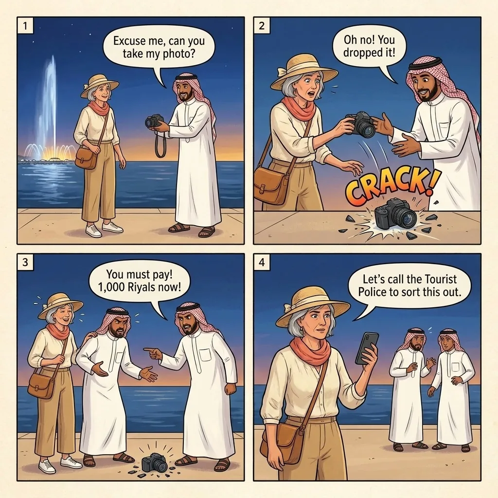 Camera Drop Scam Near Landmarks — comic illustration