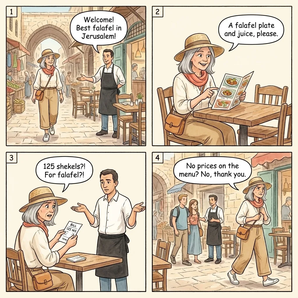The Old City No-Prices Menu Trap — comic illustration