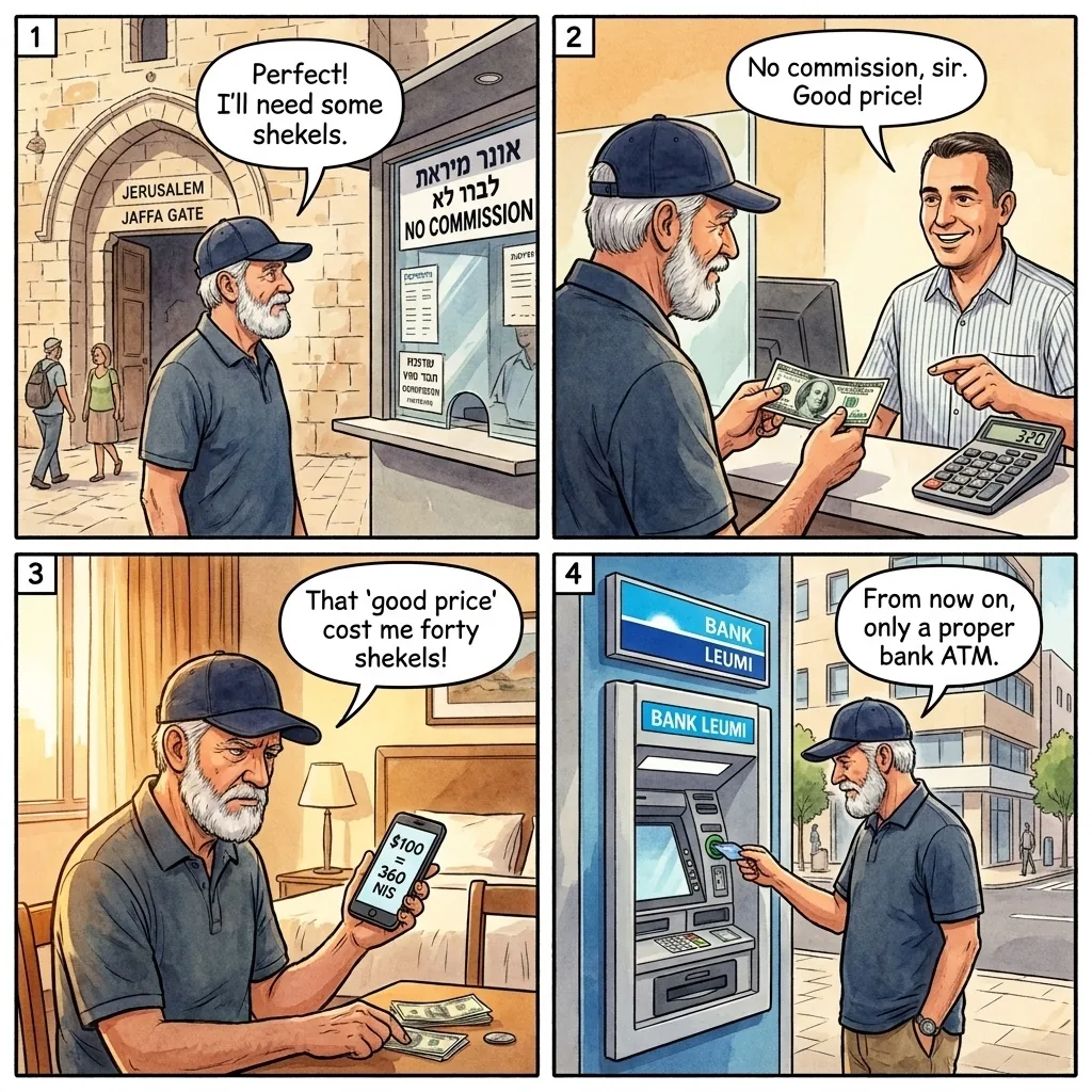 The Jaffa Gate ATM and Money-Changer Spread — comic illustration