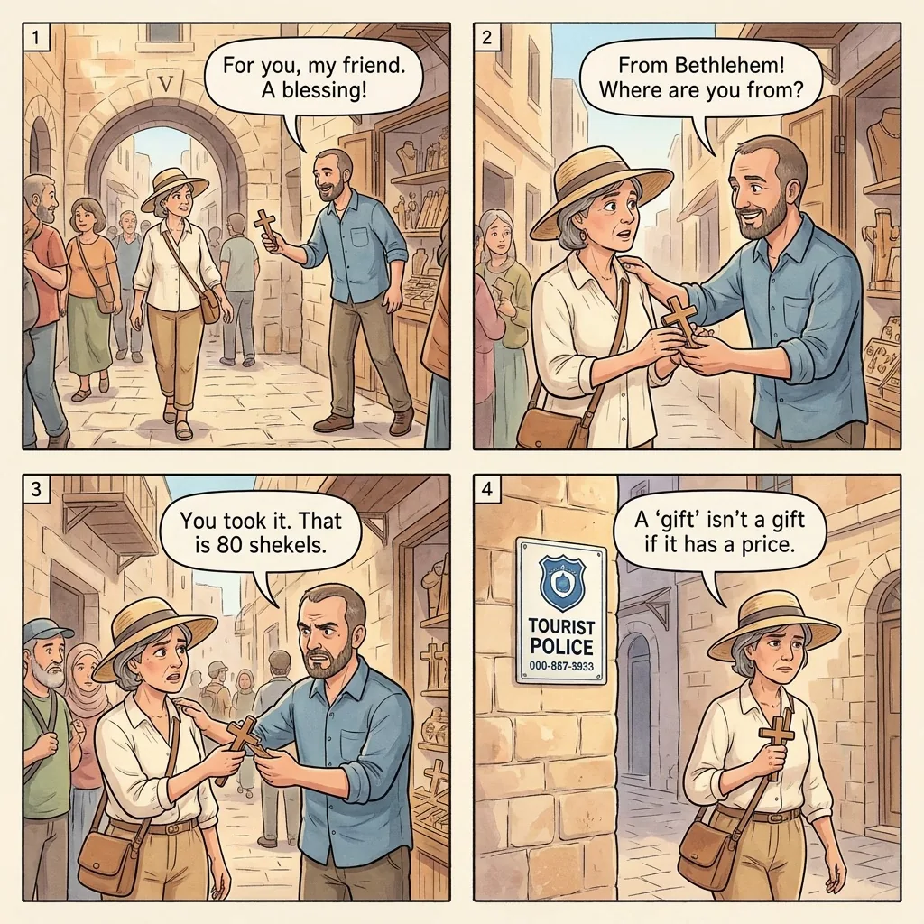 The Via Dolorosa Hand-Off Sale — comic illustration