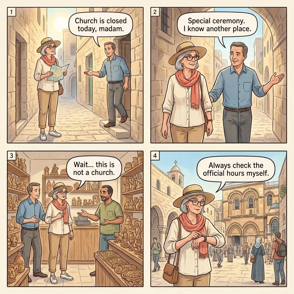 The Holy Sepulchre 'Closed Today' Redirect — comic illustration