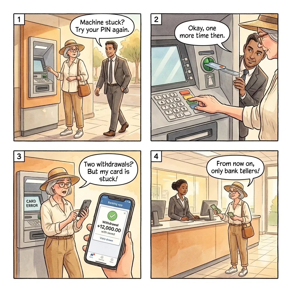 ATM Card Trapping & Banking Fraud — comic illustration