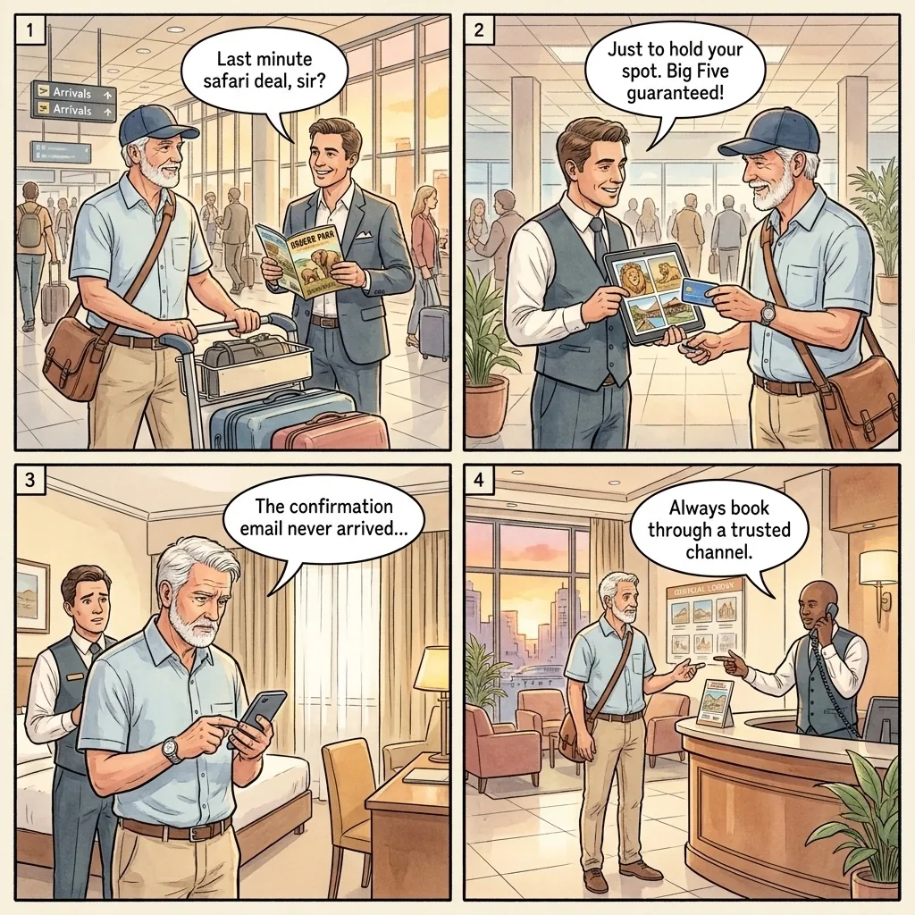 Fake Safari / Tour Booking Fraud — comic illustration