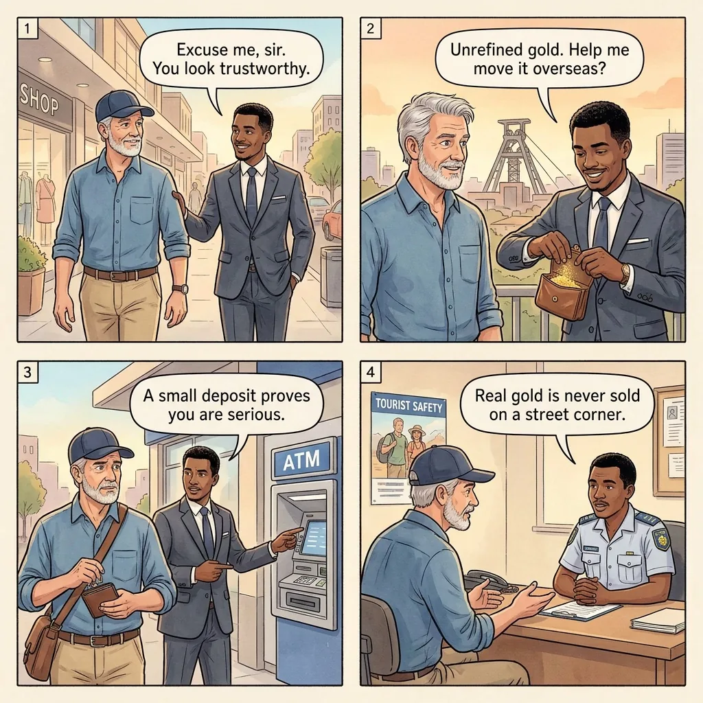 Gold / Investment Mineral Scam — comic illustration
