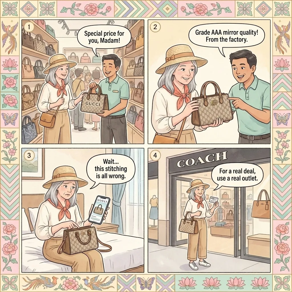 Counterfeit Luxury-Goods Confidence Trick (Pasar Karat, Holiday Plaza, Jalan Wong Ah Fook) — comic illustration