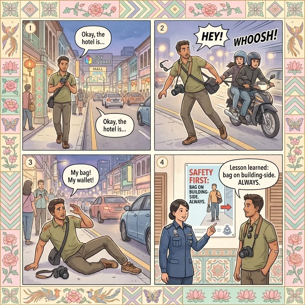 Motorbike Snatch-Theft on Jalan Wong Ah Fook, Taman Pelangi & Kampung Melayu Majidee — comic illustration