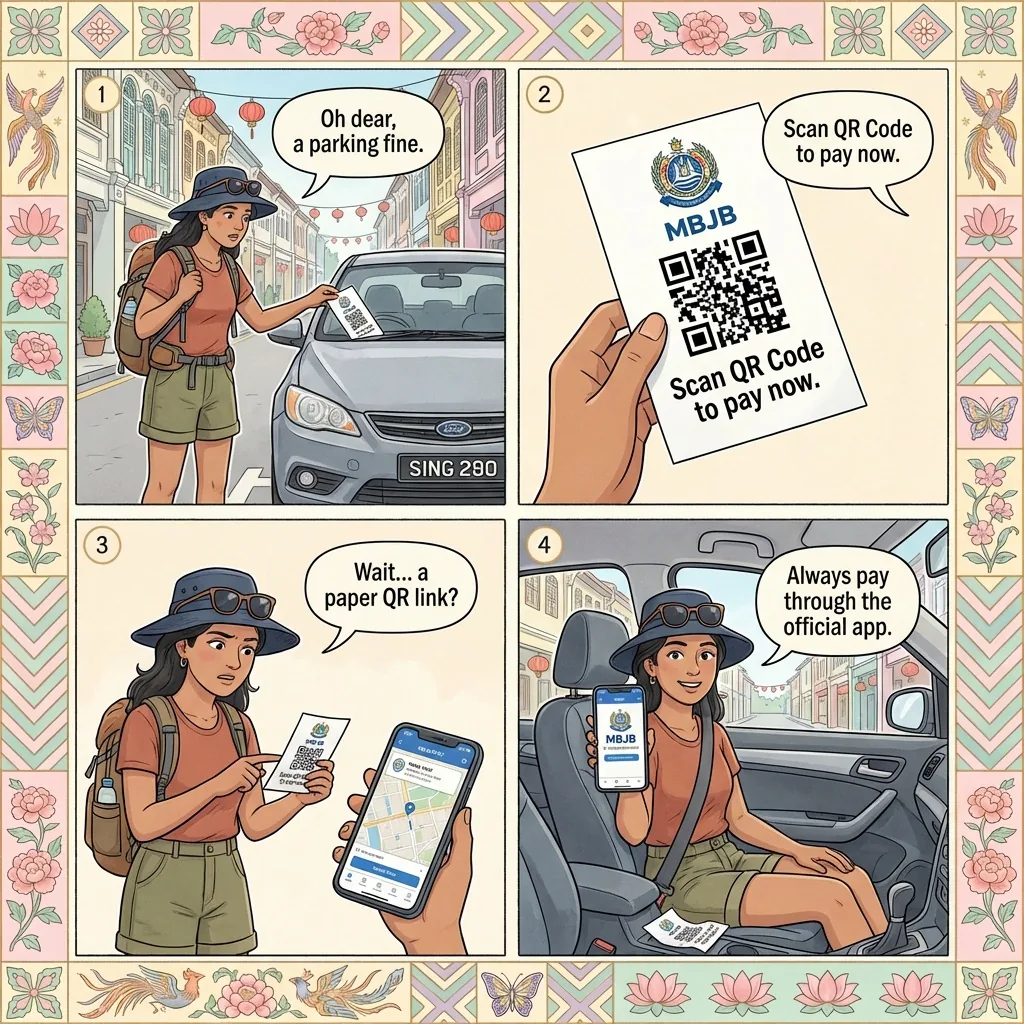 Fake Parking-Fine QR-Code Scam (bogus MBJB SPOT phishing slips) — comic illustration