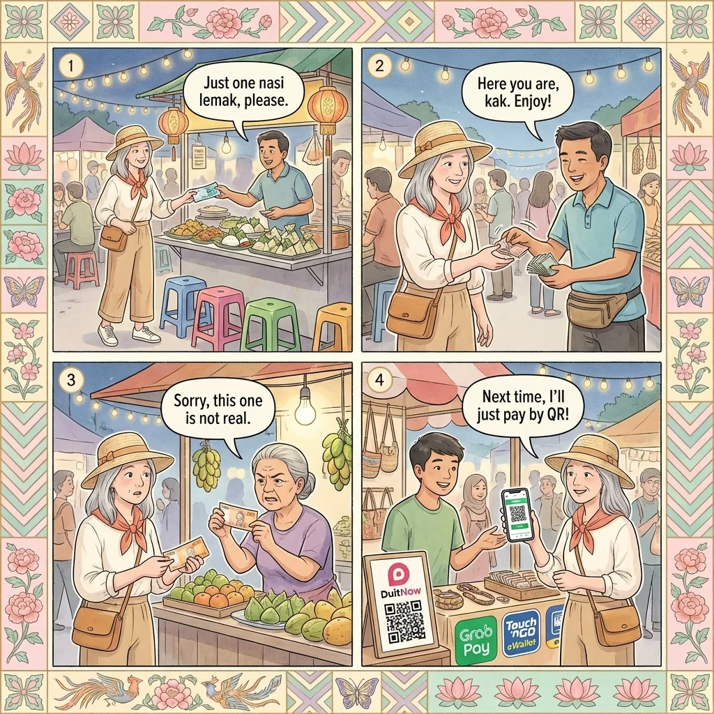 Fake-Banknote Change Scam at Pasar Malam, Ramadan Bazaars & Hawker Stalls — comic illustration