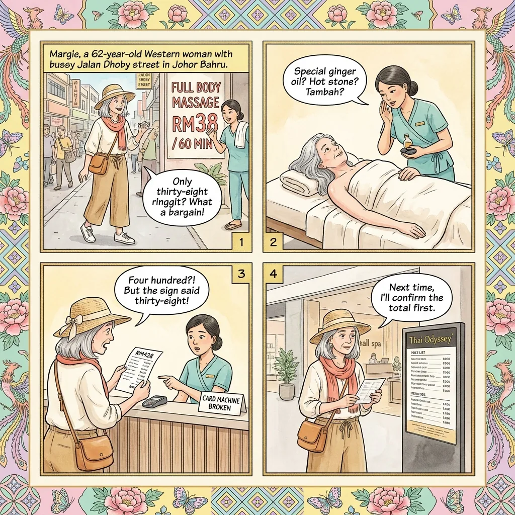 Budget-Massage Upsell & Cupping-Blister Scam (Jalan Dhoby, Taman Pelangi, KSL area) — comic illustration