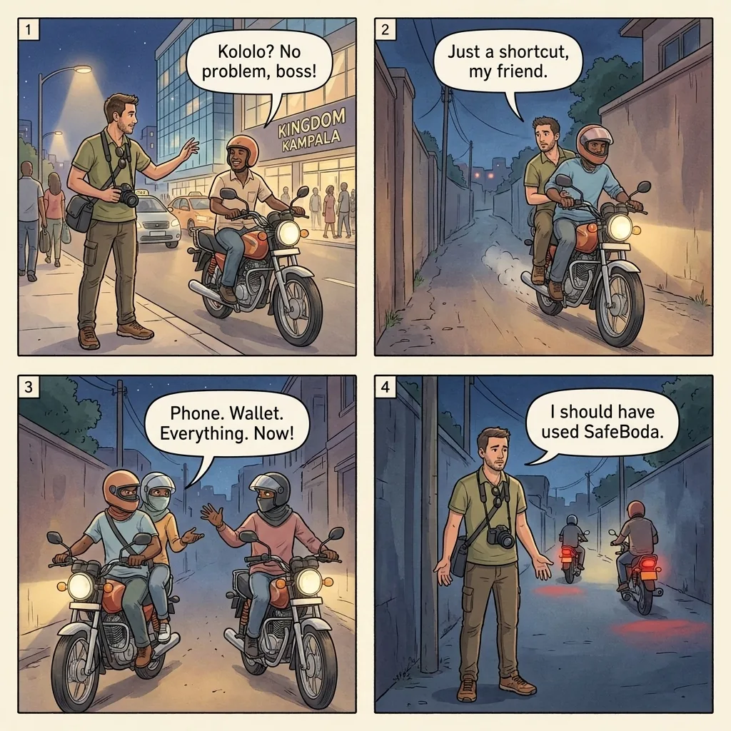 The Kampala Boda-Boda Ambush Diversion — comic illustration