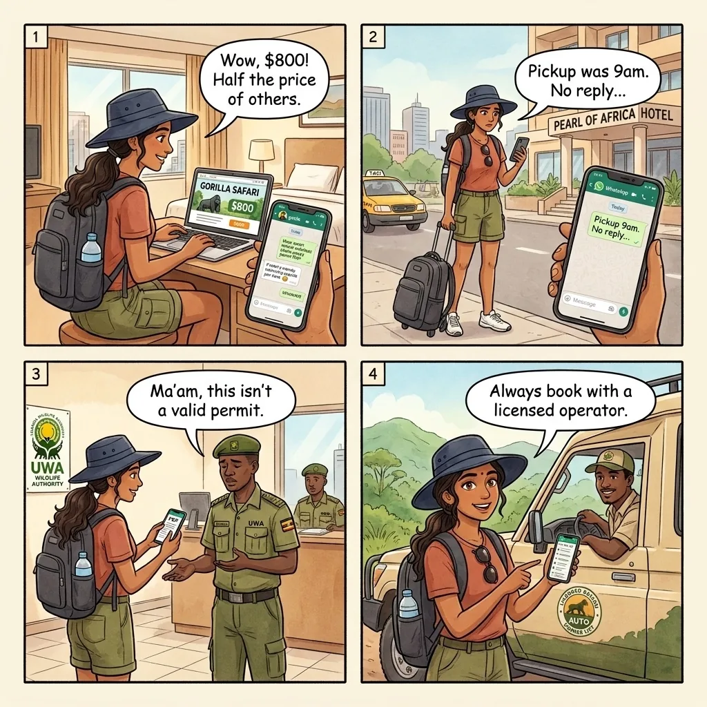 The Kampala Fake Gorilla-Permit Safari — comic illustration