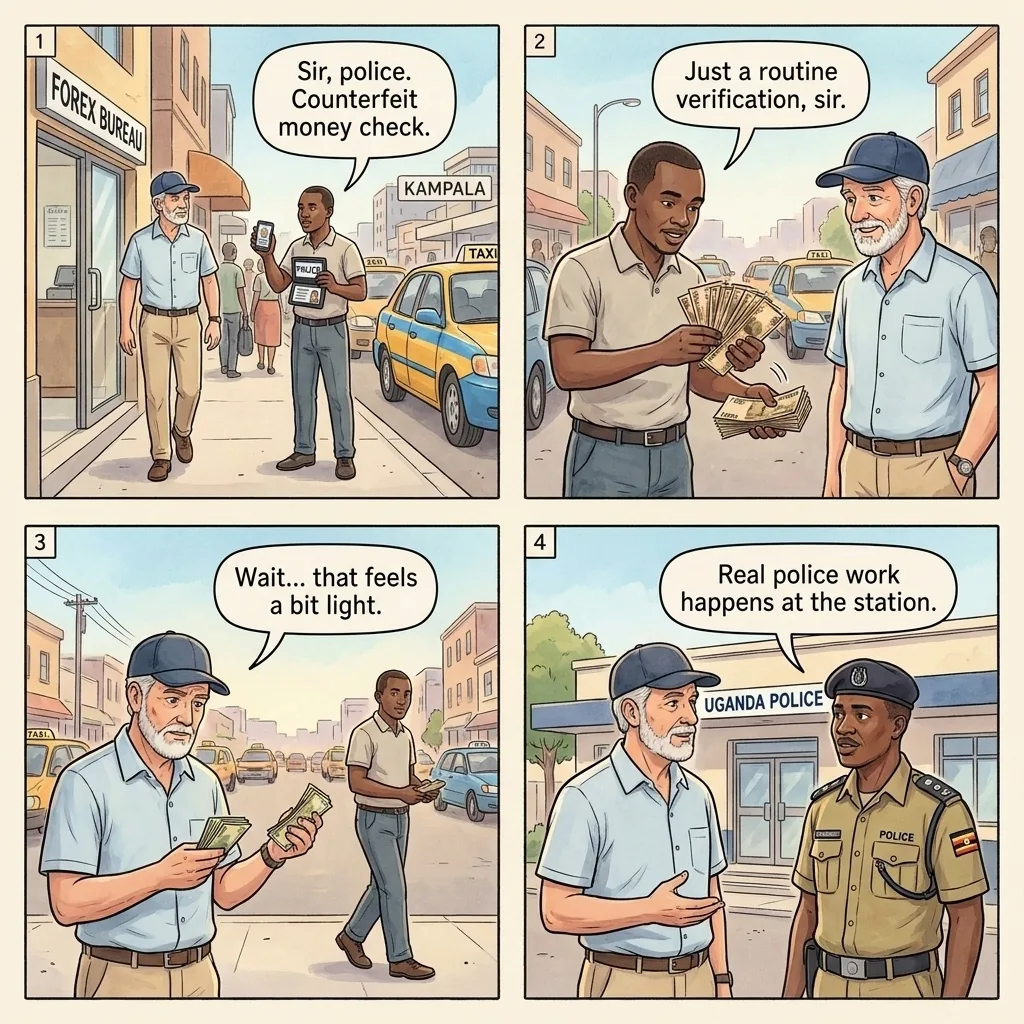 The Kampala Road 'Plain-Clothes Police' Money Check — comic illustration