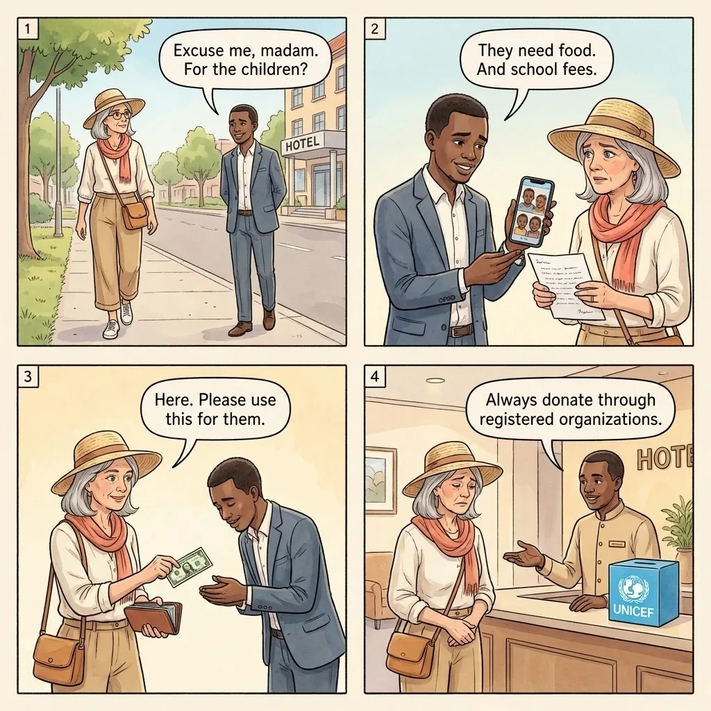 The Kampala Fake-Orphanage Donation Pitch — comic illustration