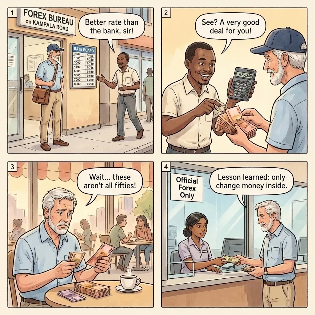 The Kampala Road Street-Forex Sleight — comic illustration