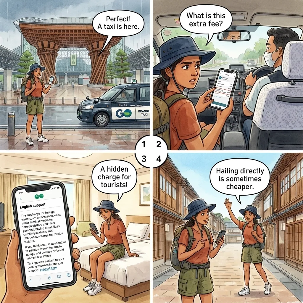 GO Taxi App International Service Charge — comic illustration